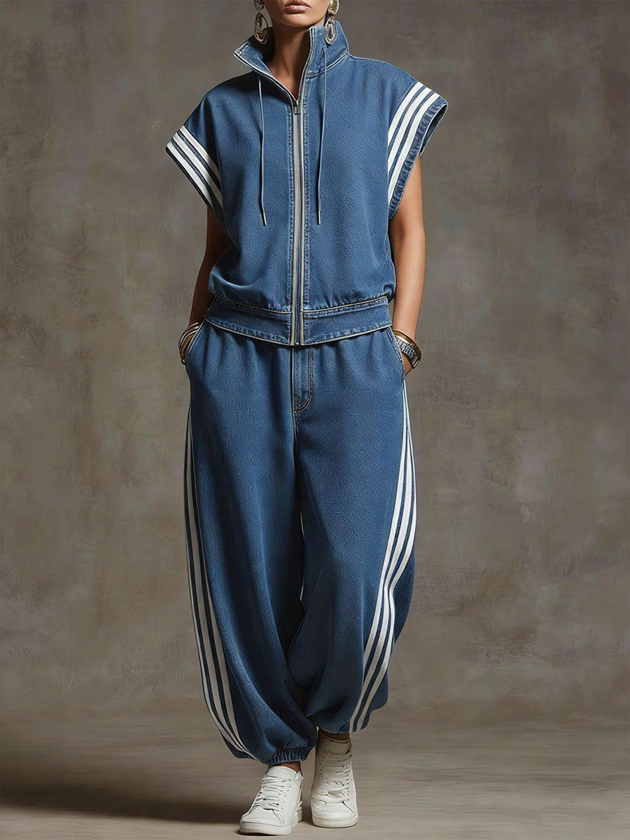 Women's Denim Two Piece Zip-Up Top & Wide Leg Set