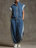 Women's Denim Two Piece Zip-Up Top & Wide Leg Set