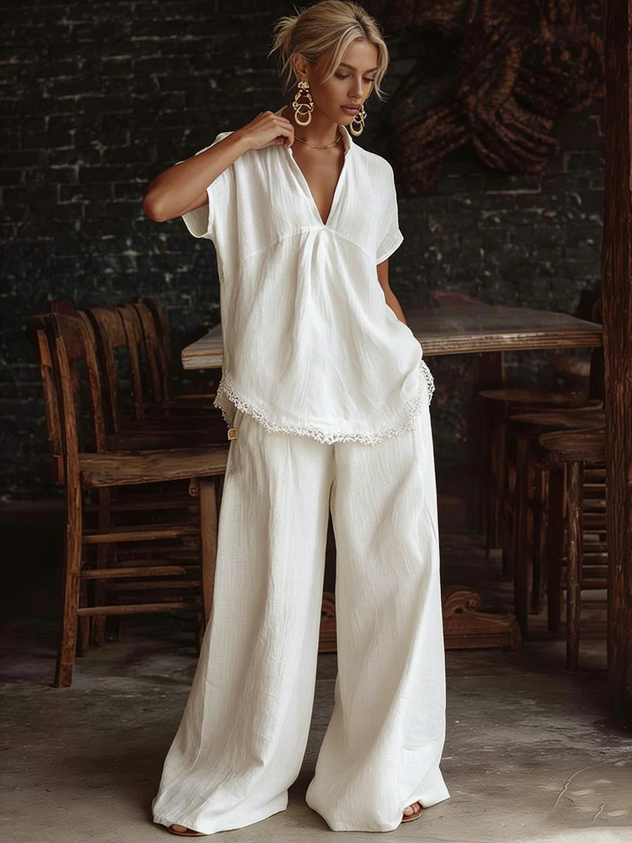 Women's Linen Two Piece Set Wide Leg Trousers and Short Sleeve Top Shirt