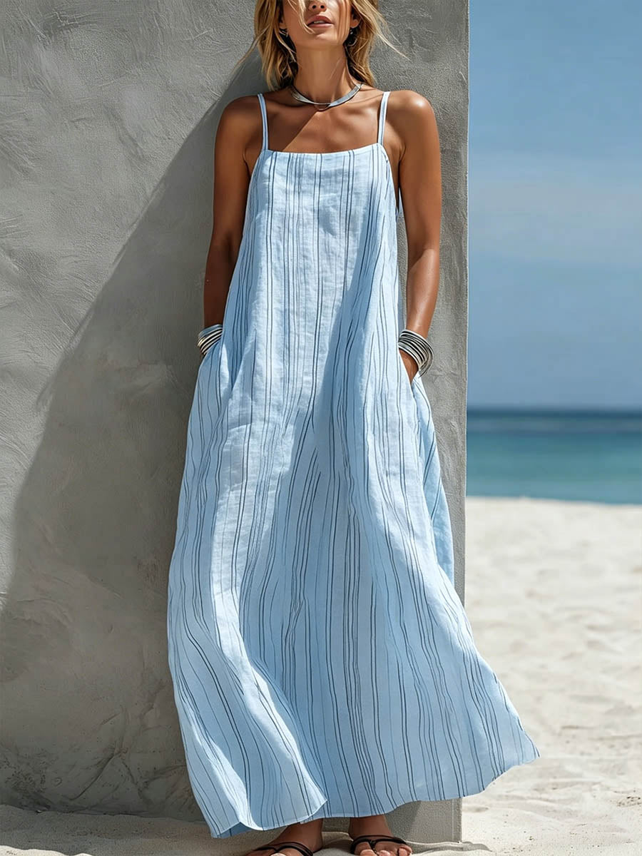 Women's Linen Maxi Dress Loose Fit Sleeveless Beach Sundress