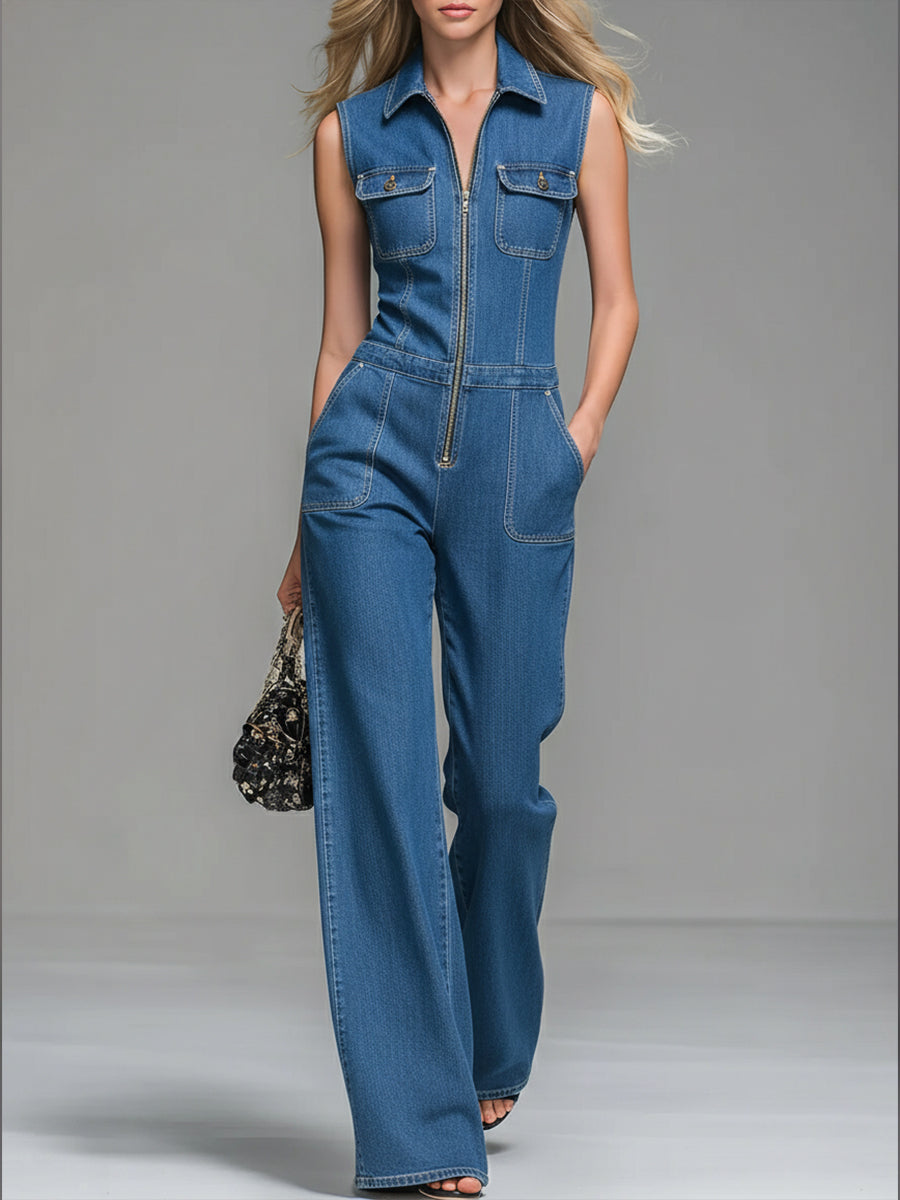 Women's Denim Jumpsuit Sleeveless Wide Leg Romper
