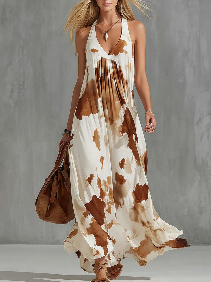 Women's V-Neck Sleeveless Loose Fit Art Print Linen Maxi Dress