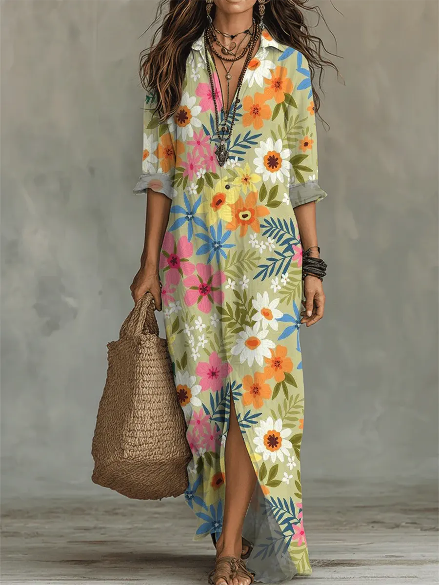 Women's Linen Floral Print Button Down Maxi Shirt Dress