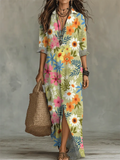 Women's Linen Floral Print Button Down Maxi Shirt Dress