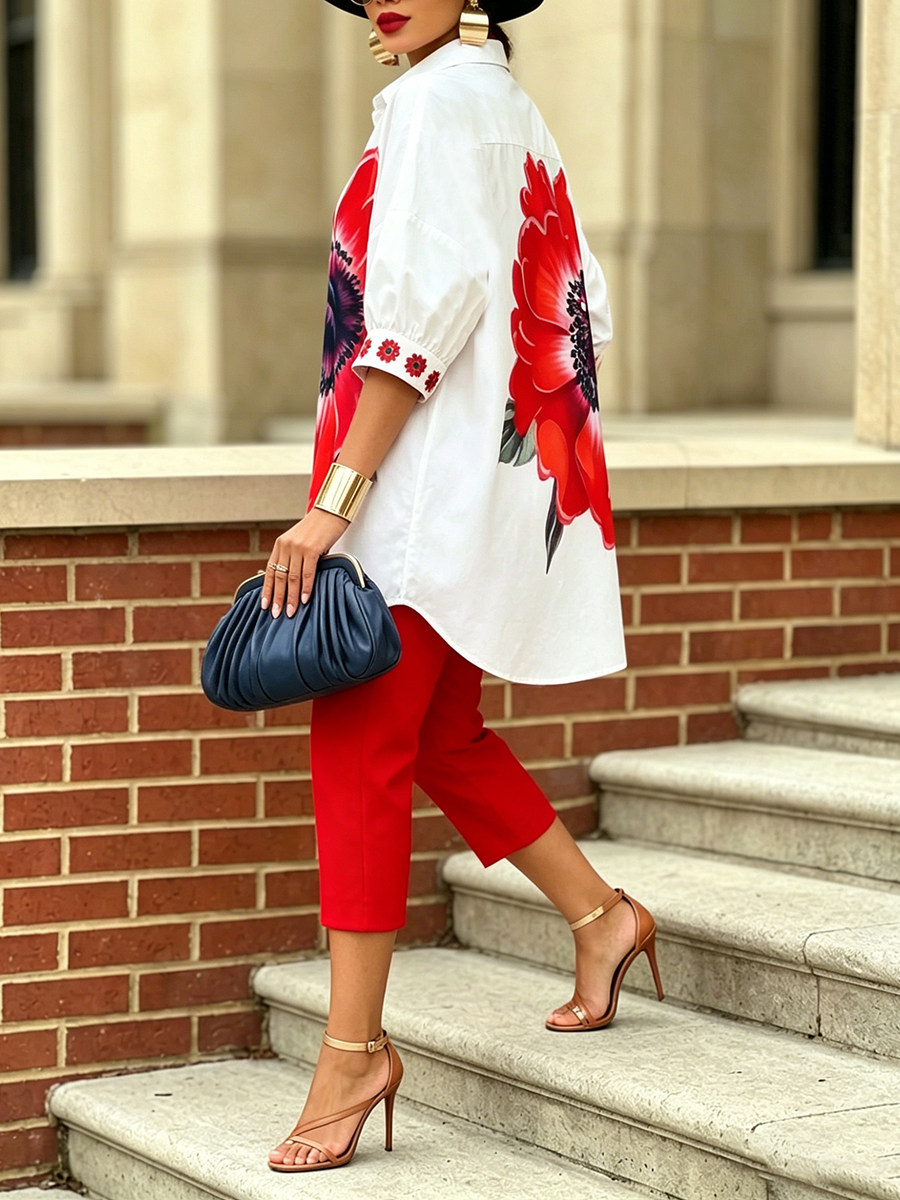Women's Floral Print Oversized Linen Mix Shirt and Cropped Trousers Set