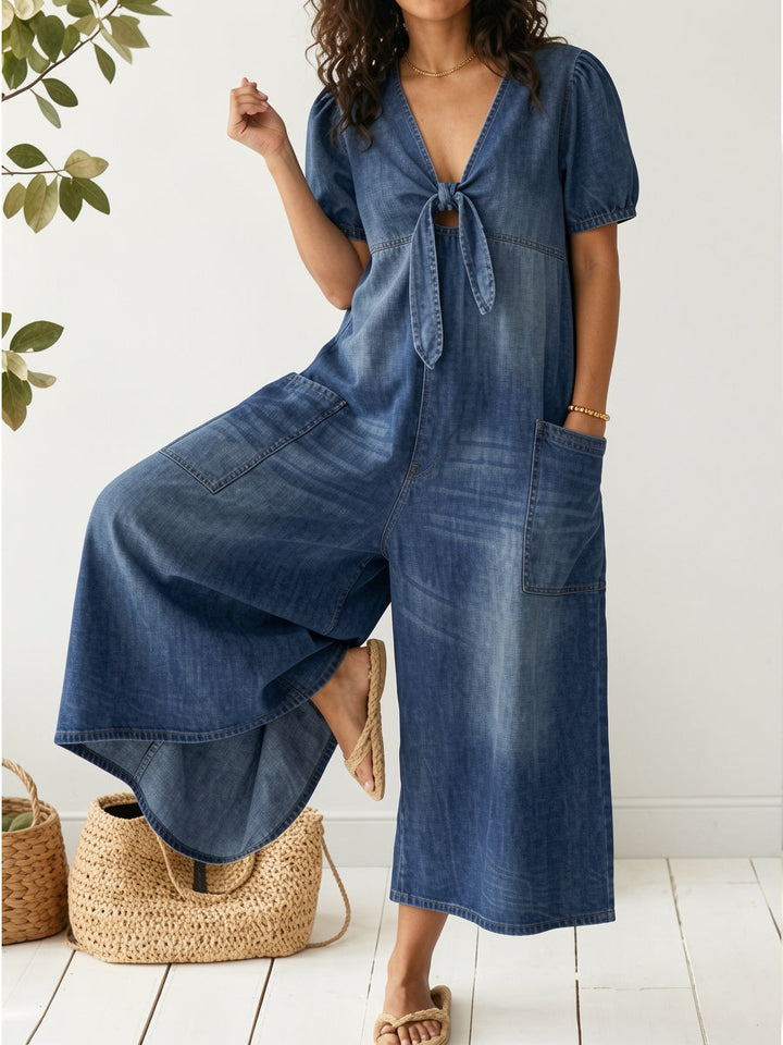 Women's Denim Tie-Front Wide Leg Jumpsuit Romper Overalls