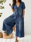 Women's Denim Tie-Front Wide Leg Jumpsuit Romper Overalls