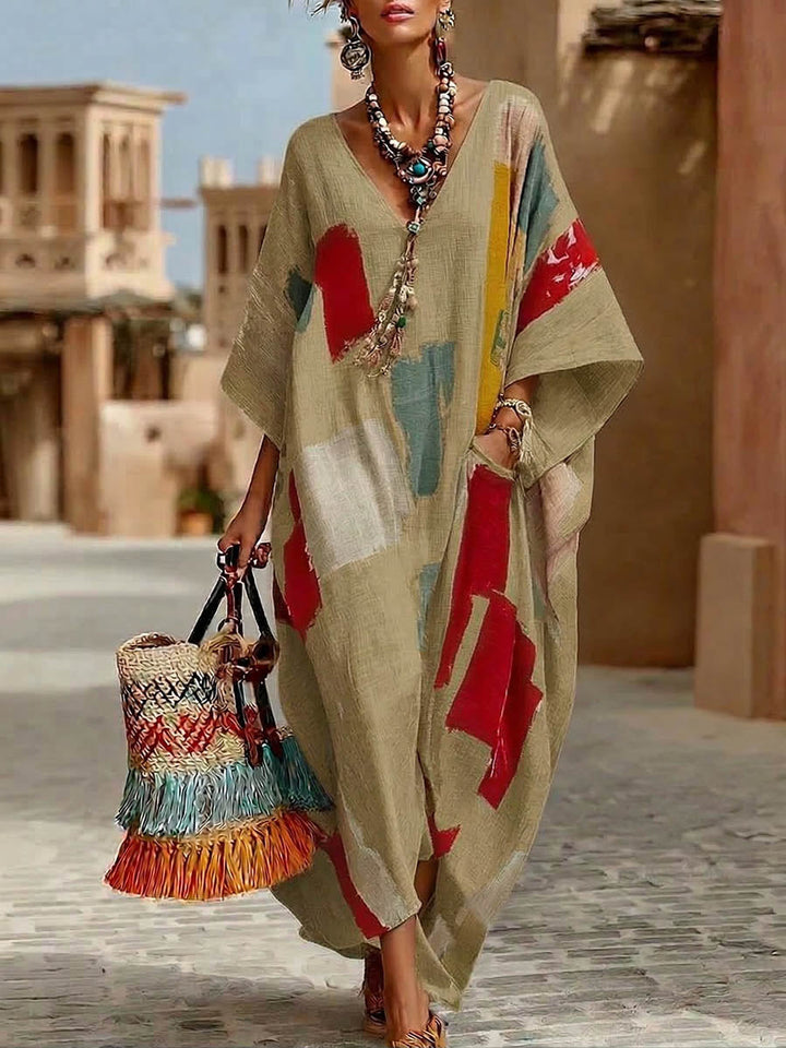 Women's Linen Kaftan V-Neck Oversized Maxi Dress