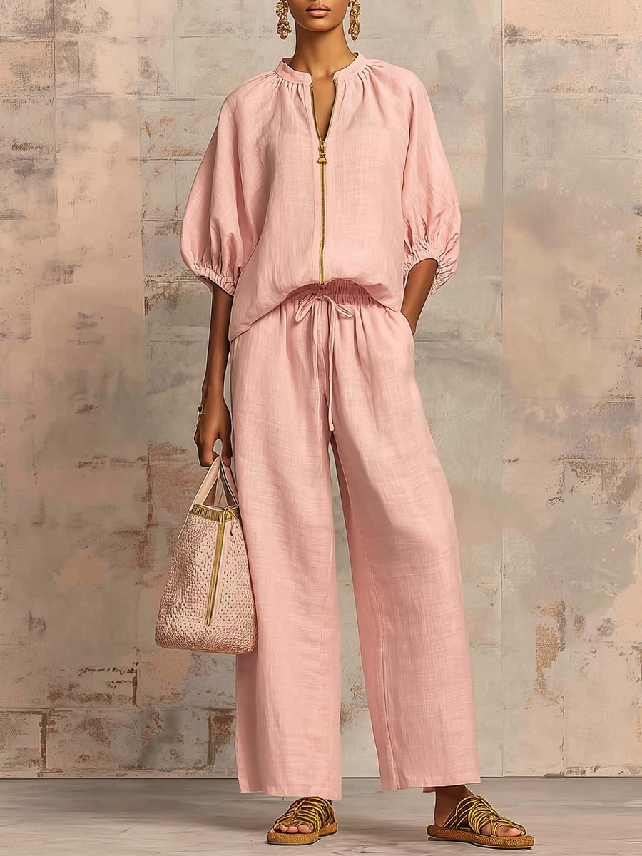 Women's Linen Blend Half Zip Top and Wide Leg Pants Two-Piece Lounge Set