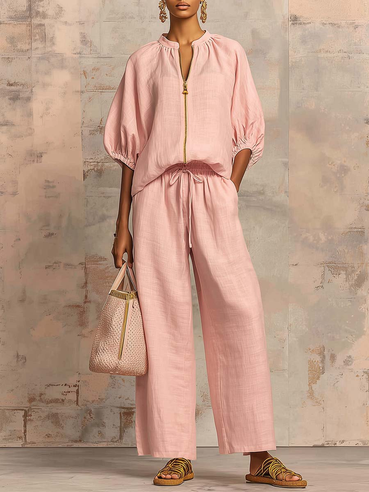 Women's Linen Blend Half Zip Top and Wide Leg Pants Two-Piece Lounge Set