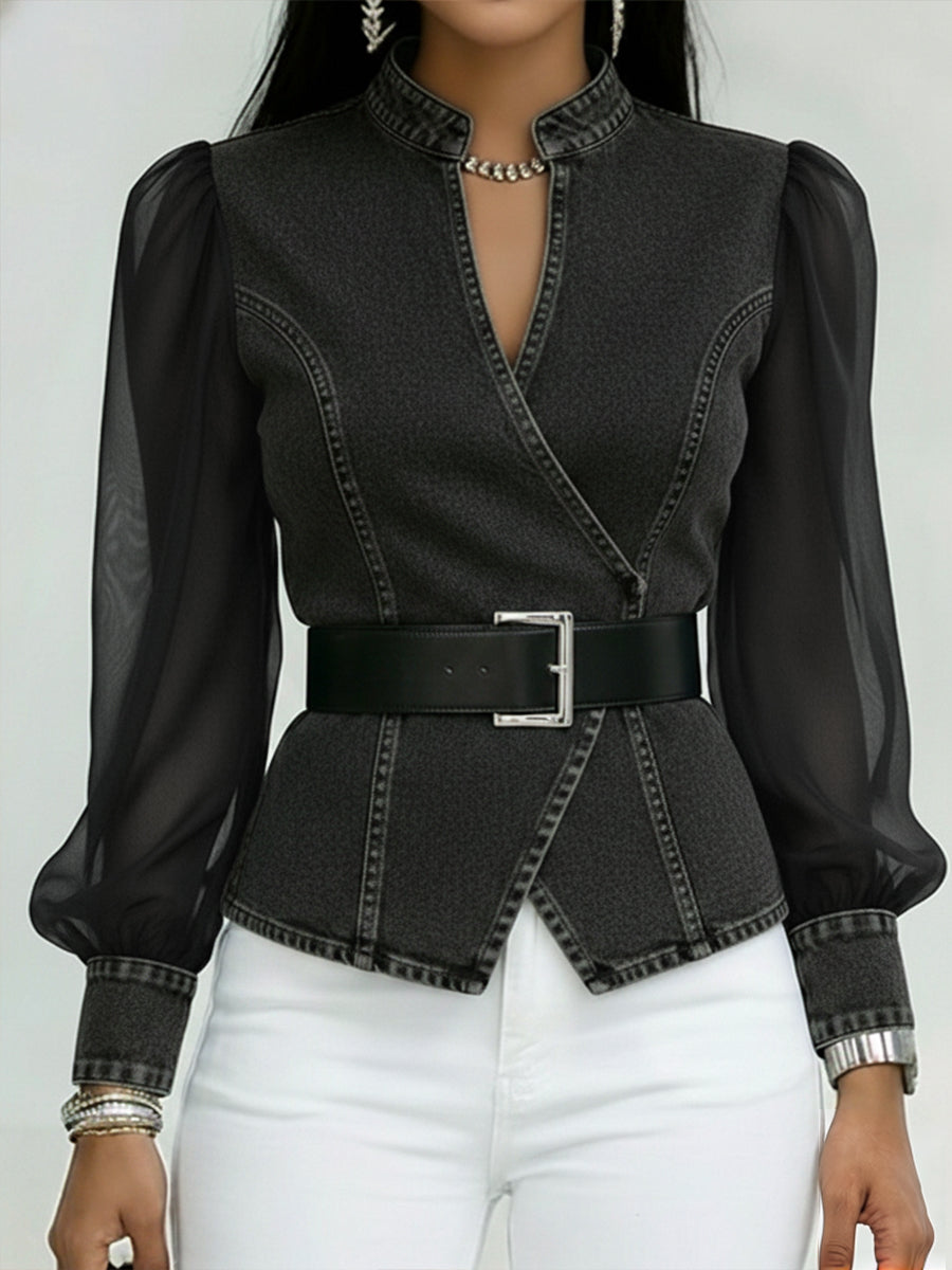 Women Denim Mesh Lantern Sleeve Belted Top