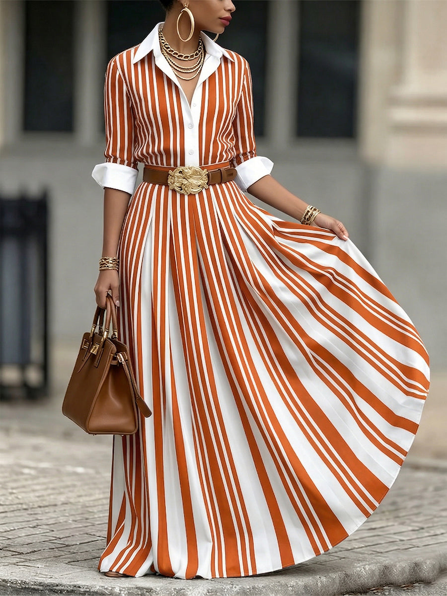 Women's Linen Striped Maxi Shirt Dress