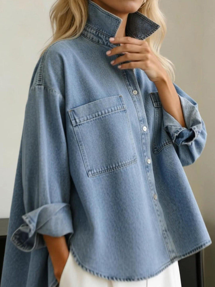 Women's Denim Shirt High Low Loose Blouse Top