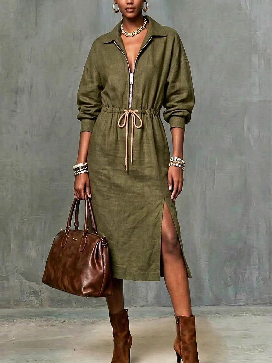 Women's Linen Zip Collar Midi Shirt Dress