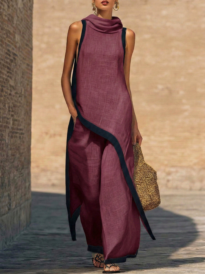 Women's Linen Sleeveless Hooded Knit Maxi Dress Two Piece Set