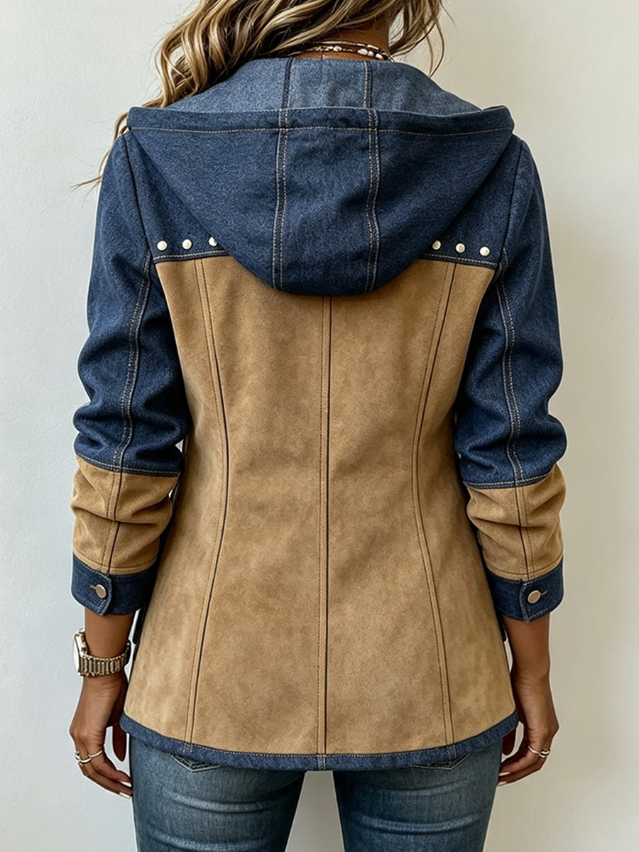 Women's Colorblock Hooded Jacket Suede Studded Parka Coat