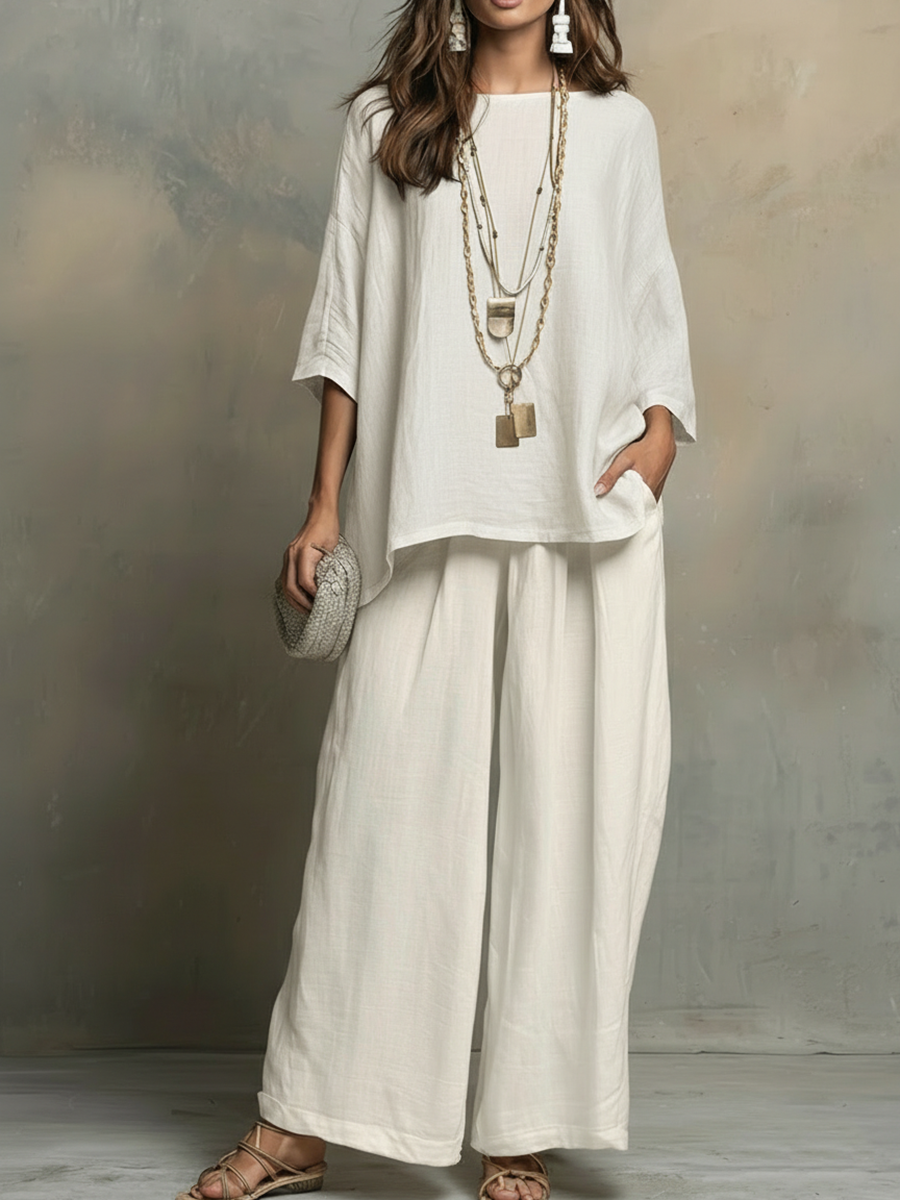 Women's Linen Two Piece Lounge Set Wide Leg Pants and Top Co-ord