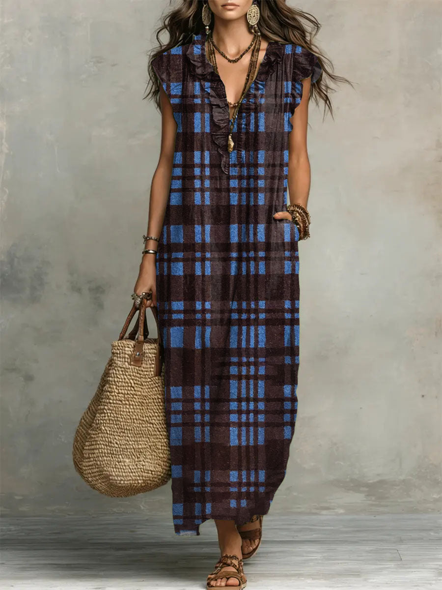 Women's Linen Plaid Maxi Dress Sleeveless V-Neck Kaftan
