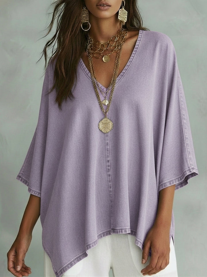 Women's V-Neck Chambray Denim Loose Fit Shirt