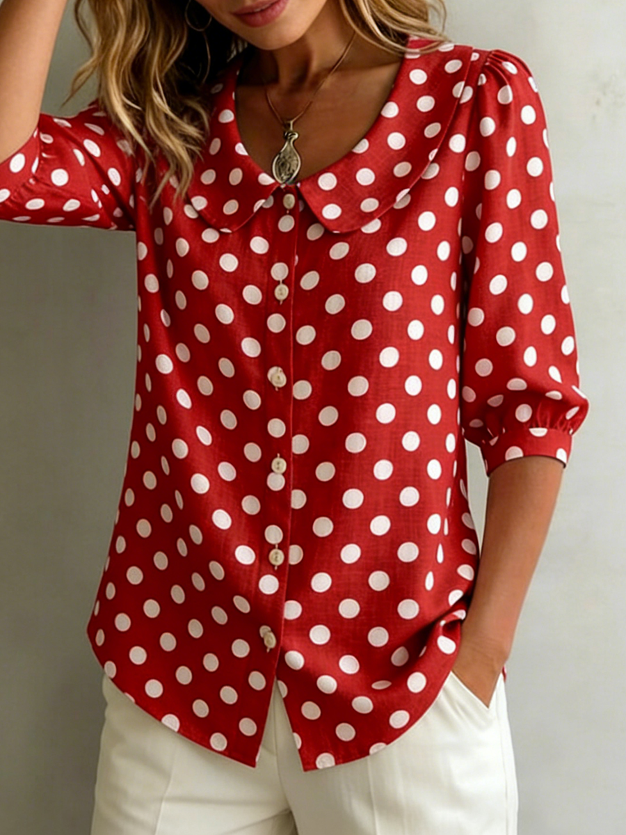 Women's Polka Dot Peter Pan Collar Chiffon Blouse