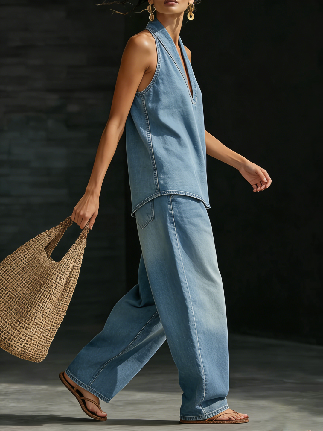 Women's Denim Two Piece Set Halter Top and Wide Leg Trousers