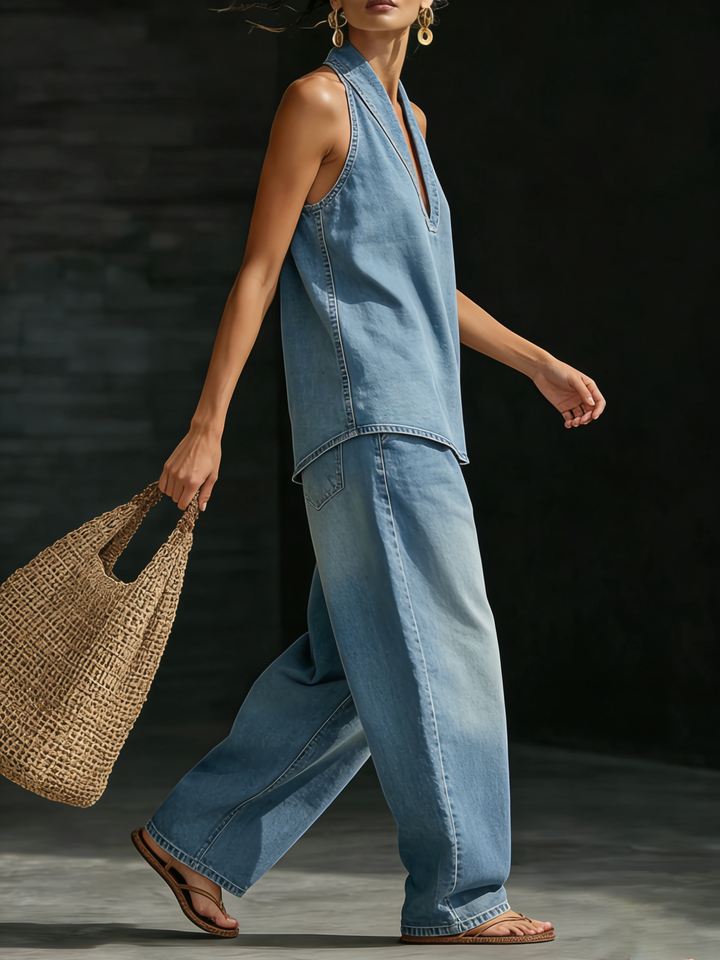 Women's Denim Two Piece Set Halter Top and Wide Leg Trousers