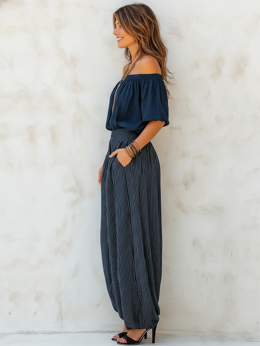 Women's Off-Shoulder Striped Linen Two-Piece Set