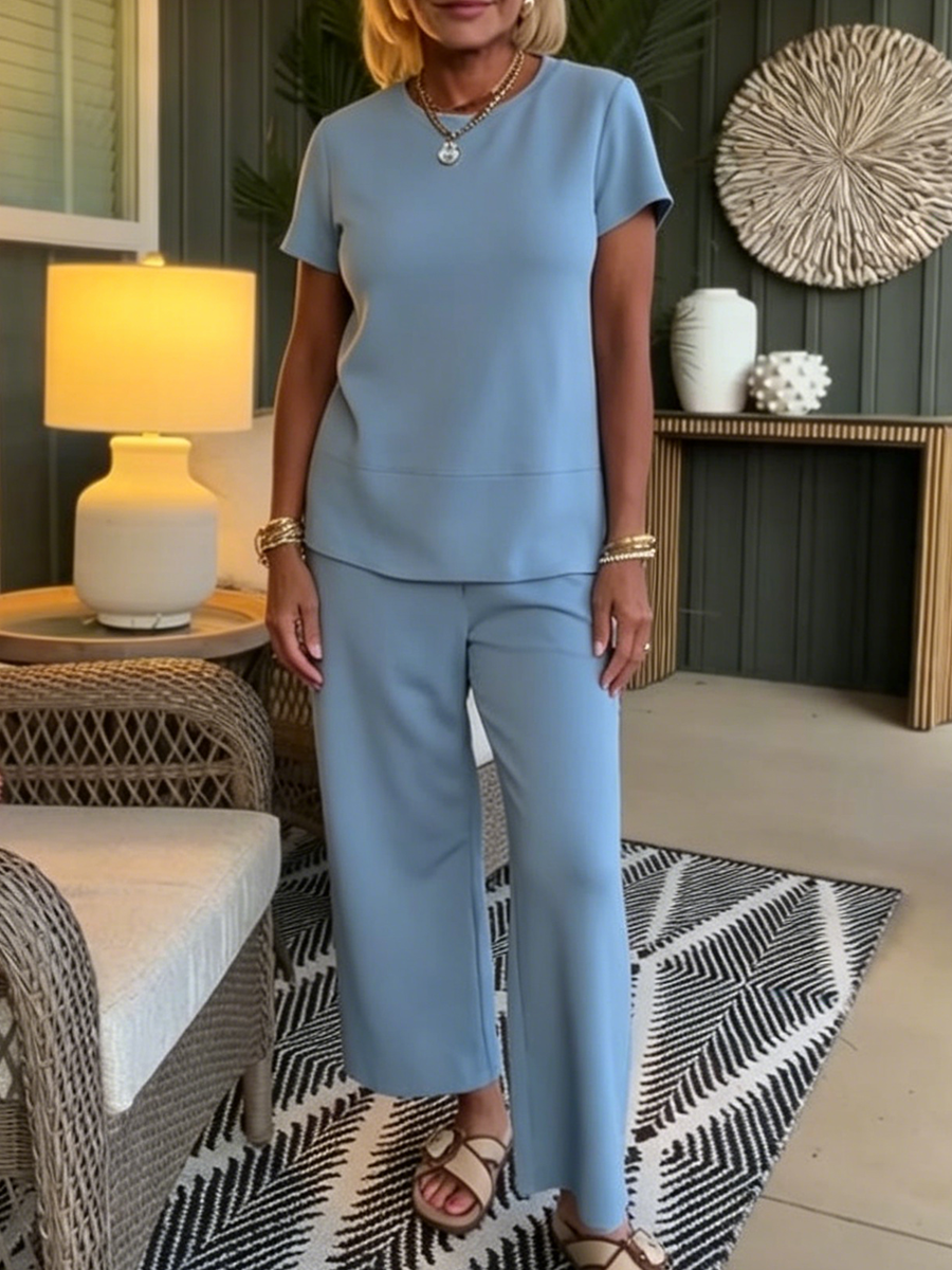 Women's Knit Short Sleeve Crewneck Top & Wide Leg Pants Two-Piece Set