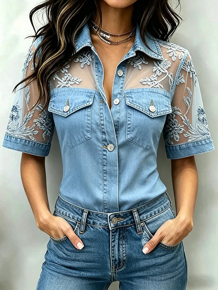 Women's Denim Shirt Sheer Mesh Lace Short Sleeve Blouse
