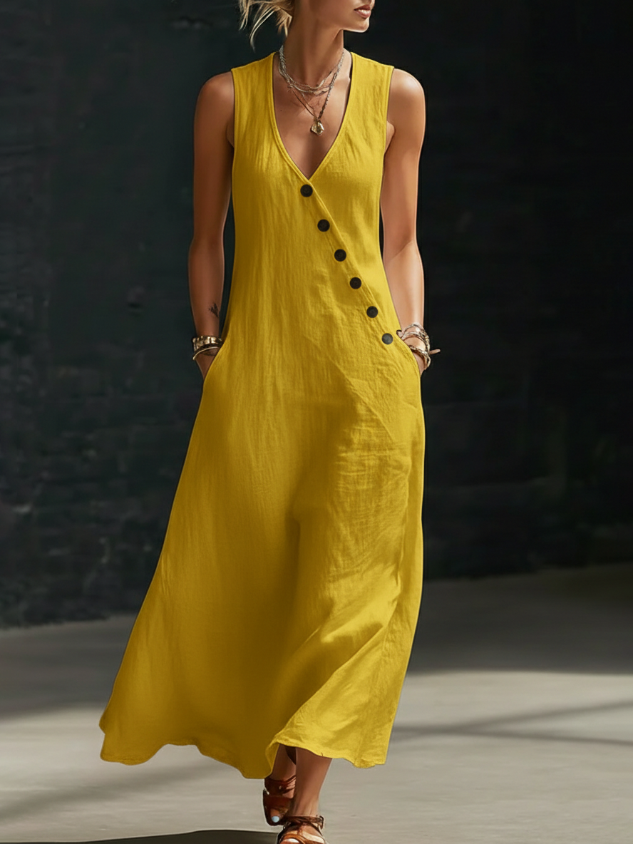 Women's Linen Sleeveless V-Neck Maxi Dress