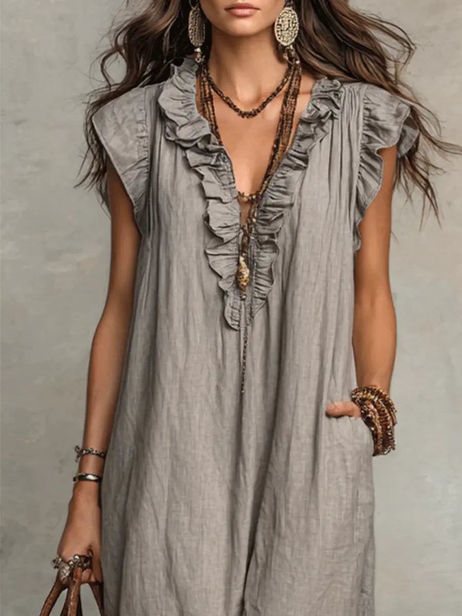 Women's Linen V-Neck Sleeveless Kaftan Boho Maxi Dress