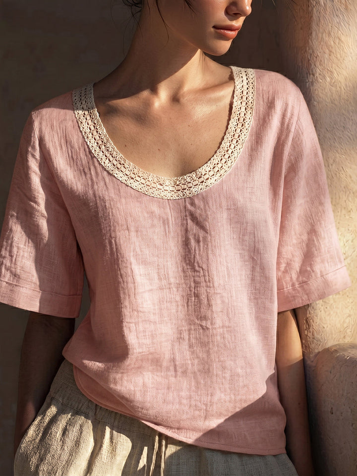 Women's Linen Blouse Lace Short Sleeve Scoop Neck Top
