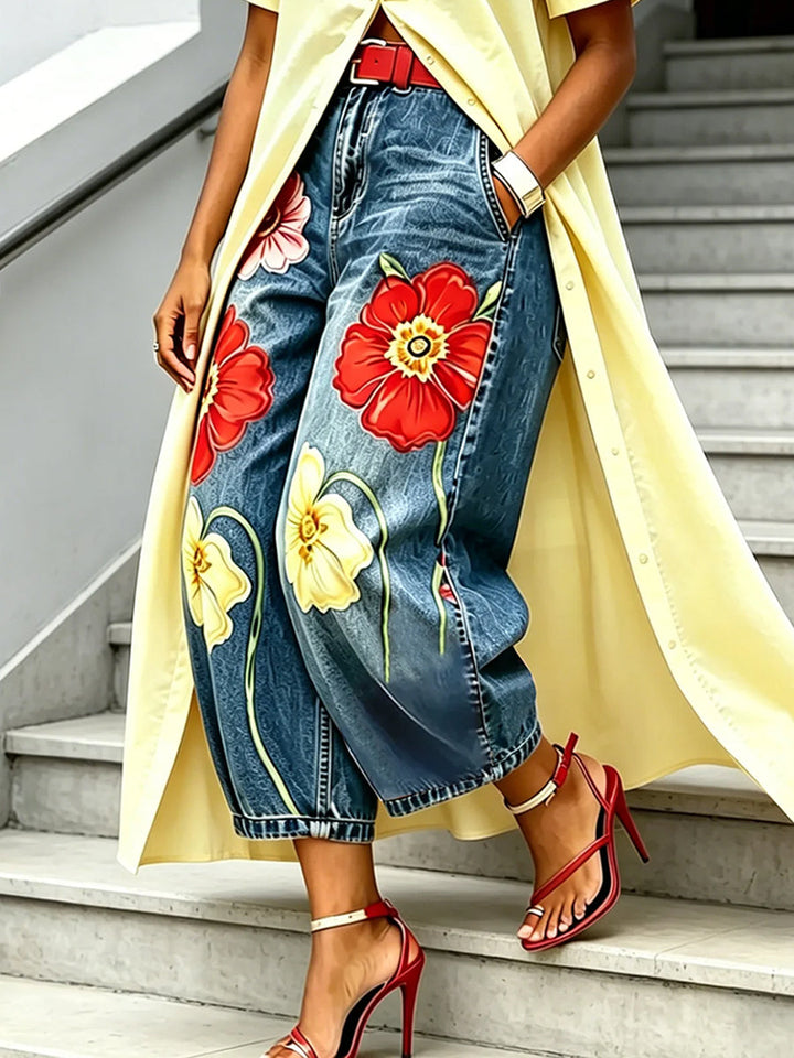 Women's High Waisted Wide Leg Floral Embroidered Denim Jeans