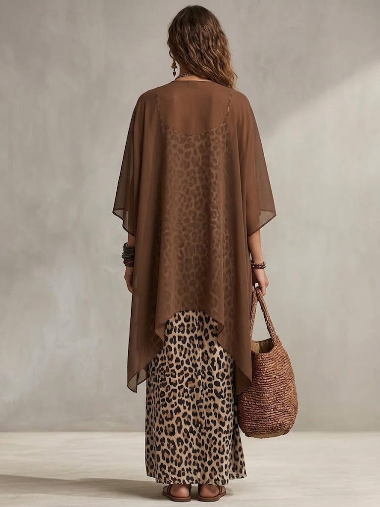Women's Chiffon Cardigan and Leopard Print Maxi Dress Two Piece Set