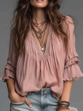 Women's Linen V-Neck Ruffle Tiered 3/4 Sleeve Blouse Top