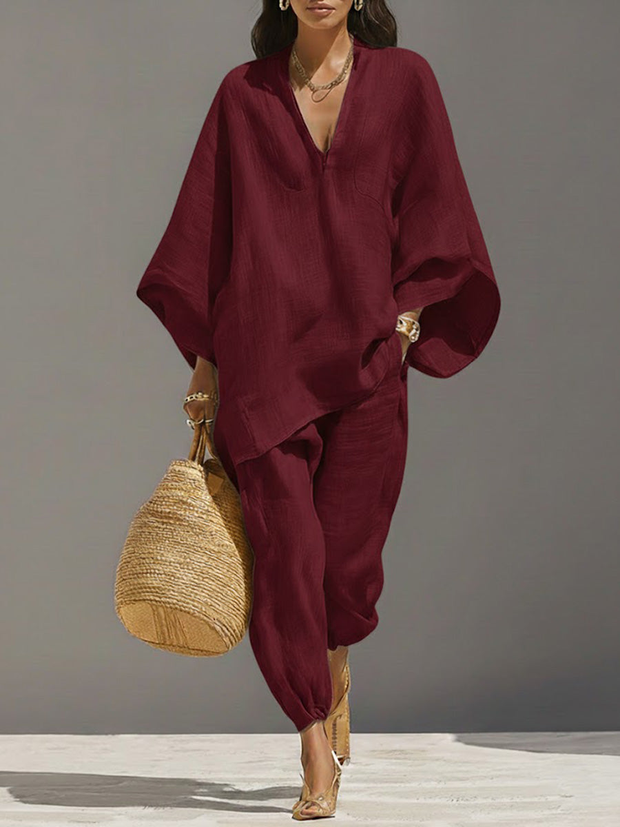 Women Linen V Neck Poncho Top and Joggers Two Piece Set
