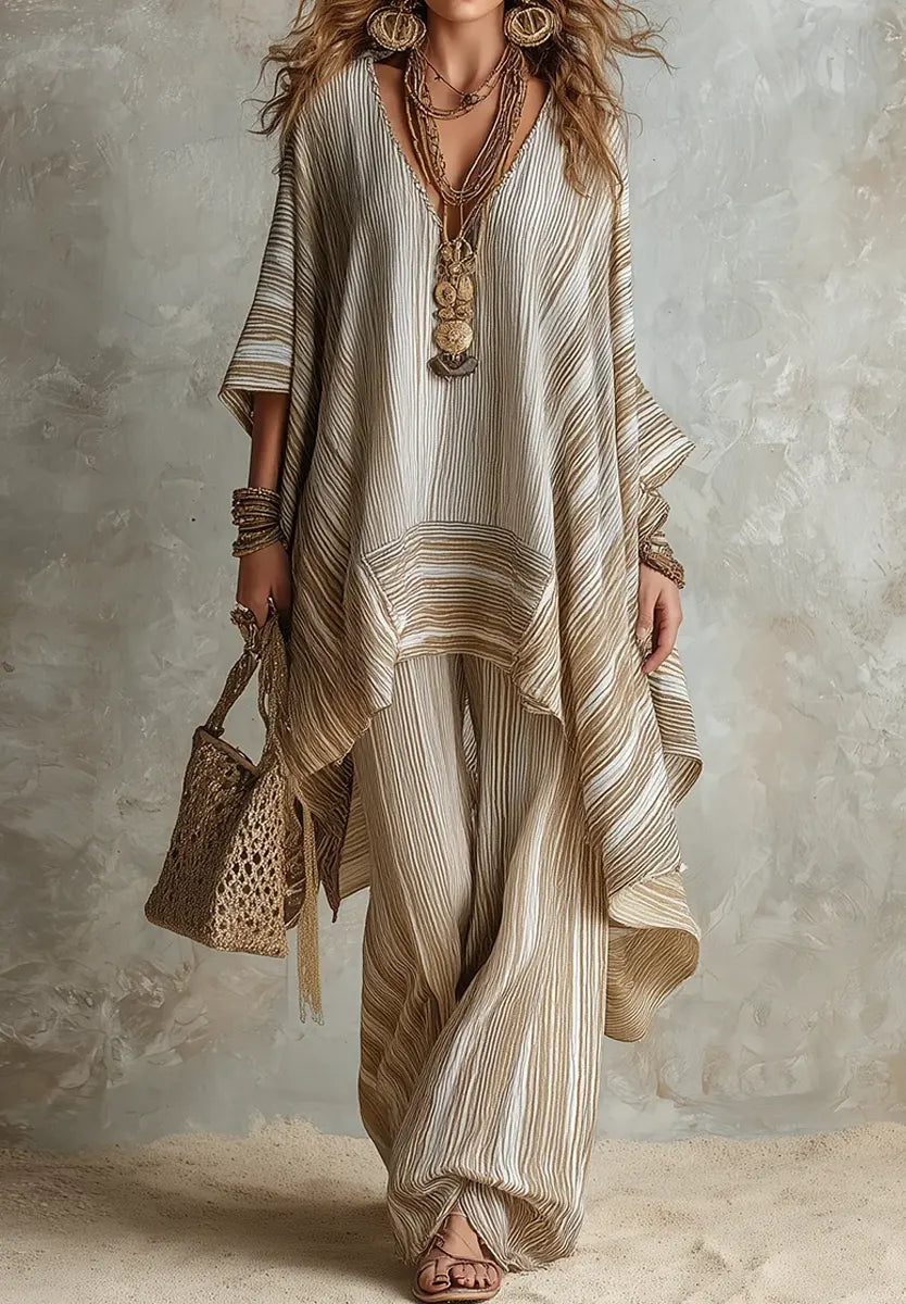 Women's Knit Poncho and Wide Leg Pants Two Piece Set