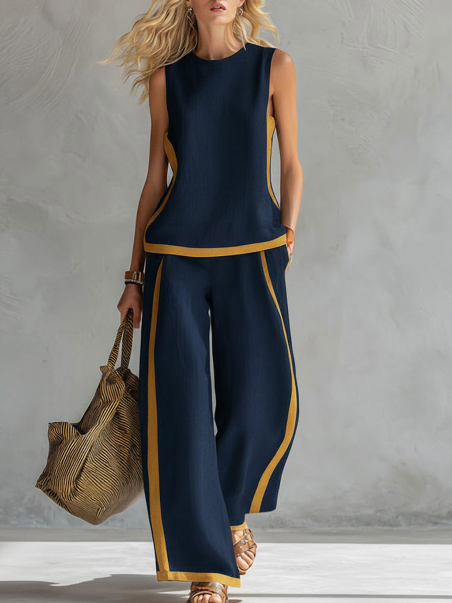 Women's Linen Blend Two Piece Sleeveless Top and Wide Leg Trousers Set