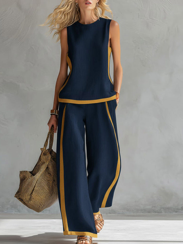Women's Linen Blend Two Piece Sleeveless Top and Wide Leg Trousers Set