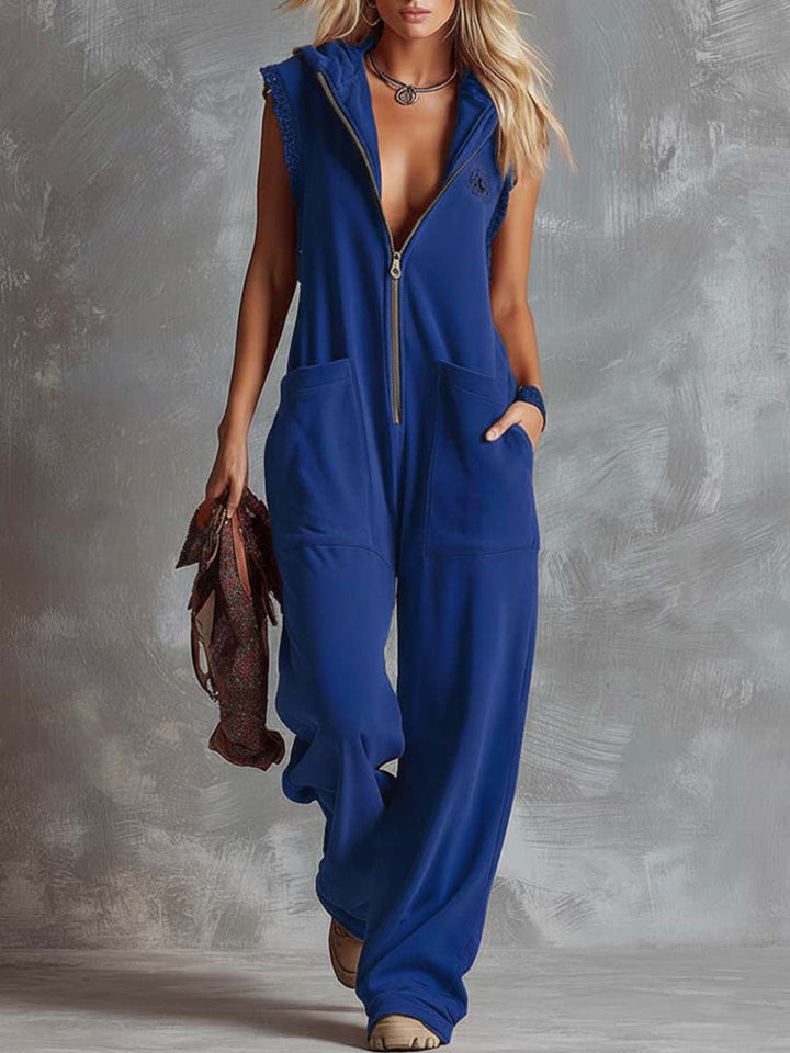 Women's Fleece Sleeveless Hooded Jumpsuit Wide Leg Romper