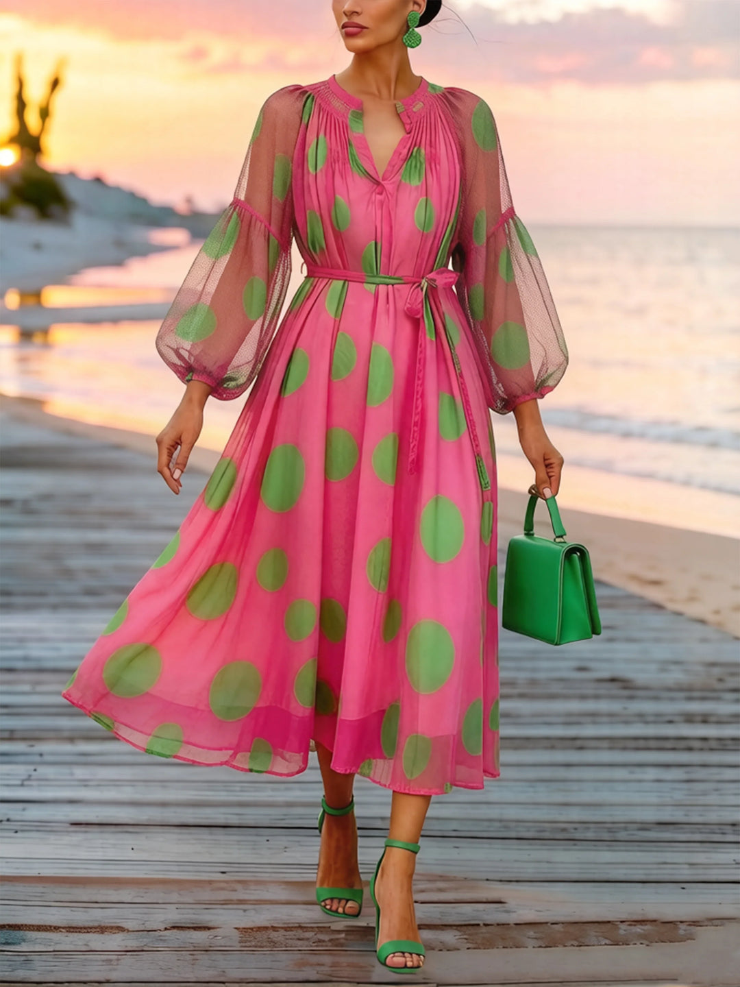 Women's Polka-Dot Print Three-Quarter Sleeve Chiffon Midi Dress