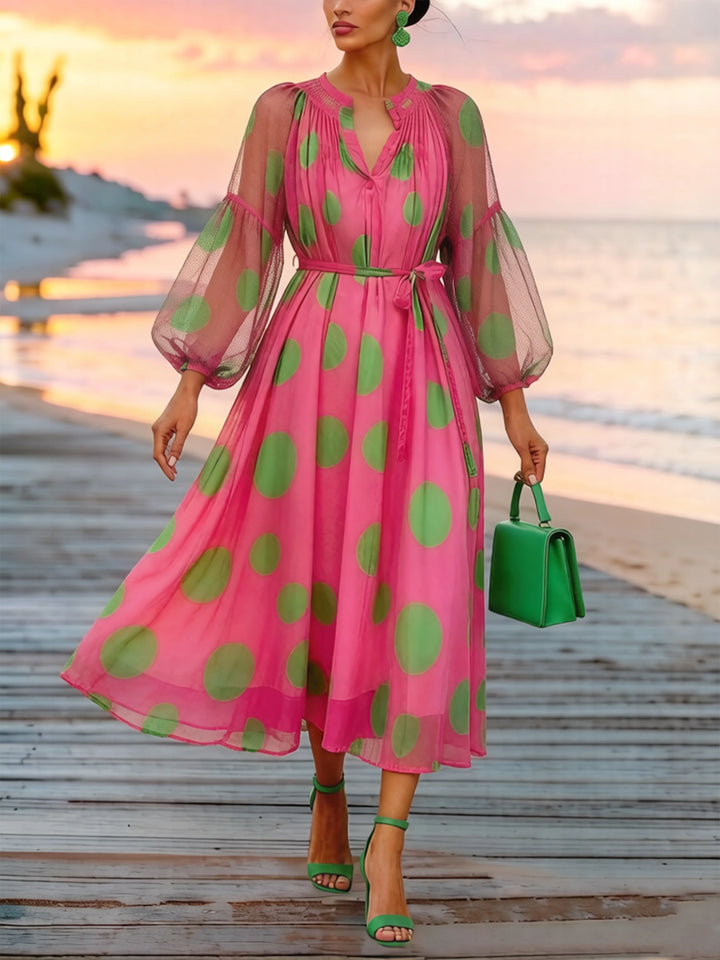 Women's Polka-Dot Print Three-Quarter Sleeve Chiffon Midi Dress