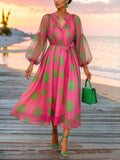 Women's Polka-Dot Print Three-Quarter Sleeve Chiffon Midi Dress