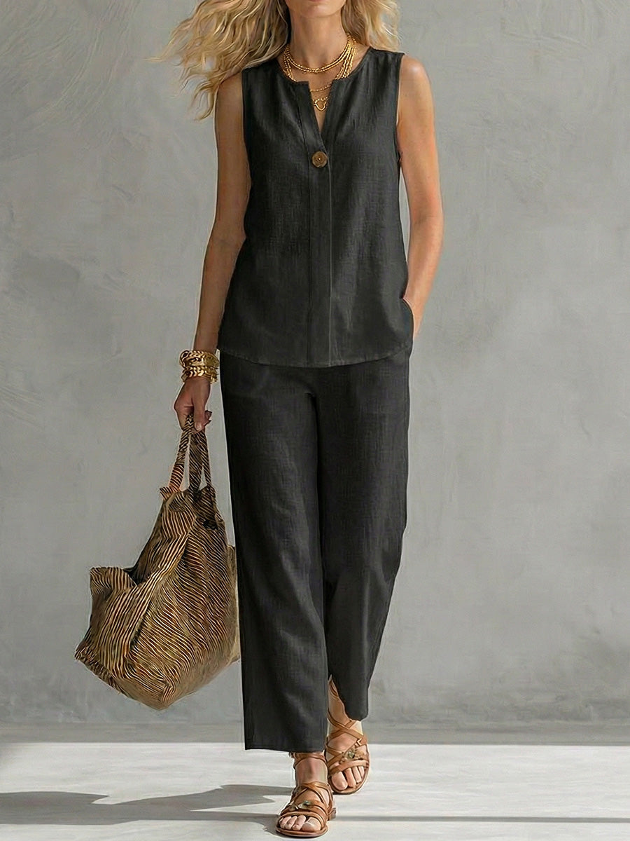 Women's Linen Two-Piece Sleeveless Top and Wide Leg Trouser Set
