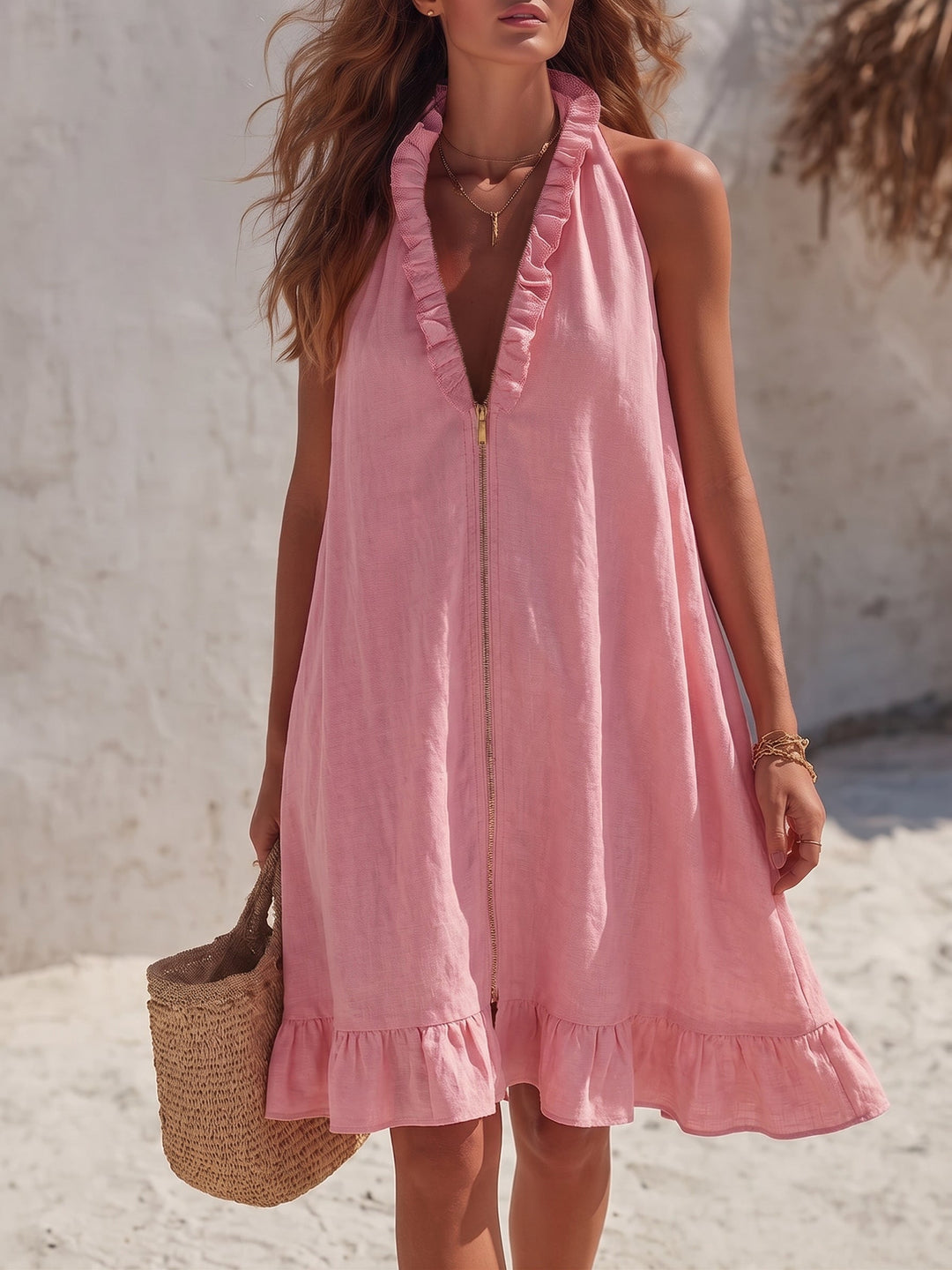 Women's Linen Blend Zip-Front Ruffle Mini Dress