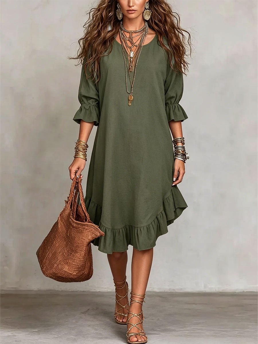 Women's Linen Ruffle Hem V-Neck Tunic Dress