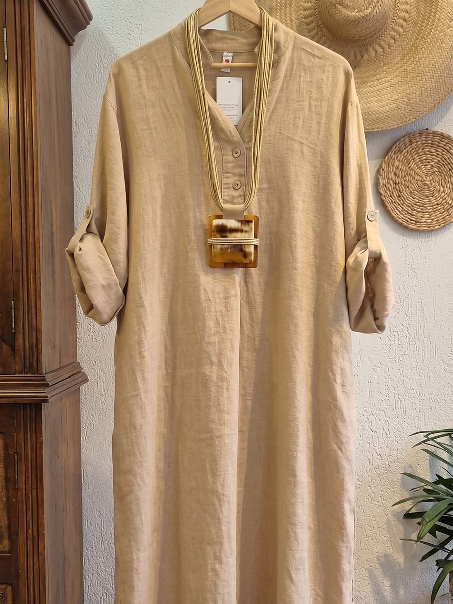 Women's V-Neck Long Sleeve Loose Fit Plain Linen Kaftan Maxi Dress