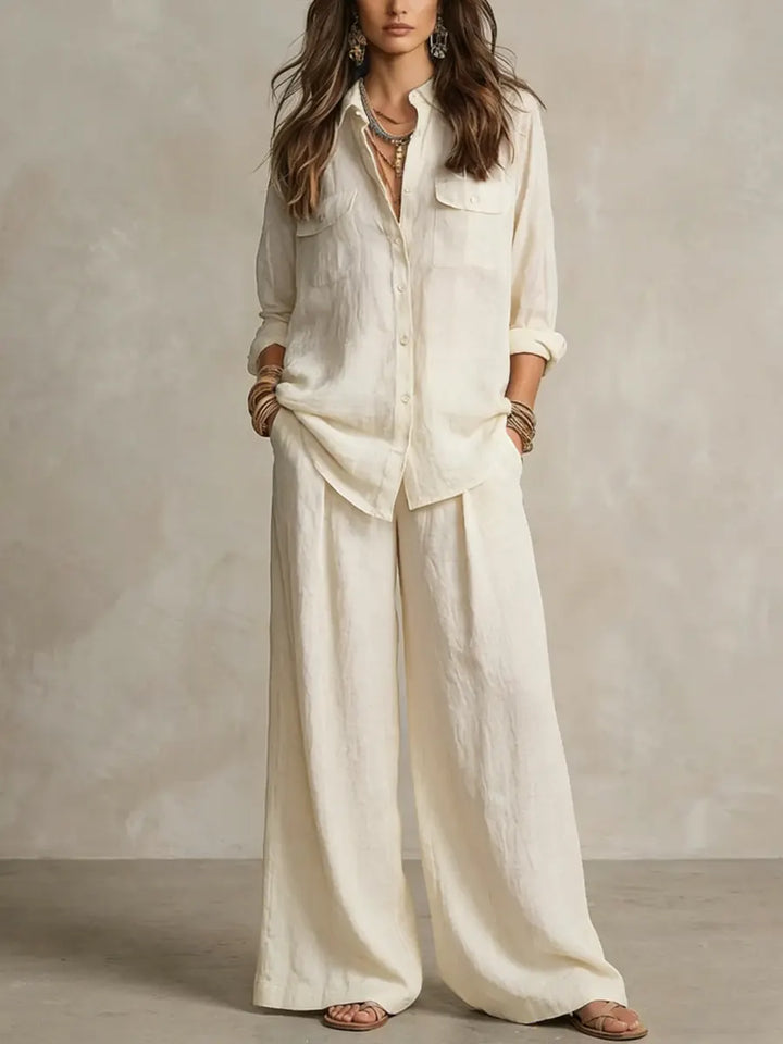 Women's Two-Piece Set Linen Polo Shirt & Wide-Leg Pants