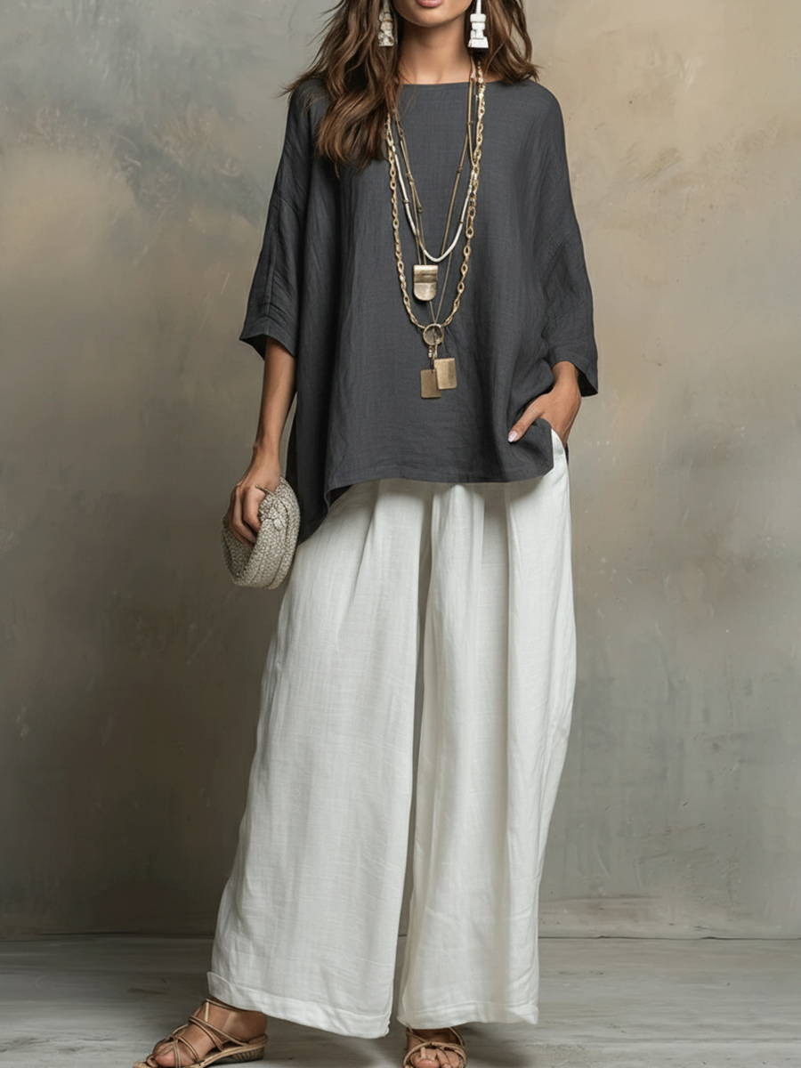 Women's Linen Two Piece Wide Leg Trousers and Oversized Top Set
