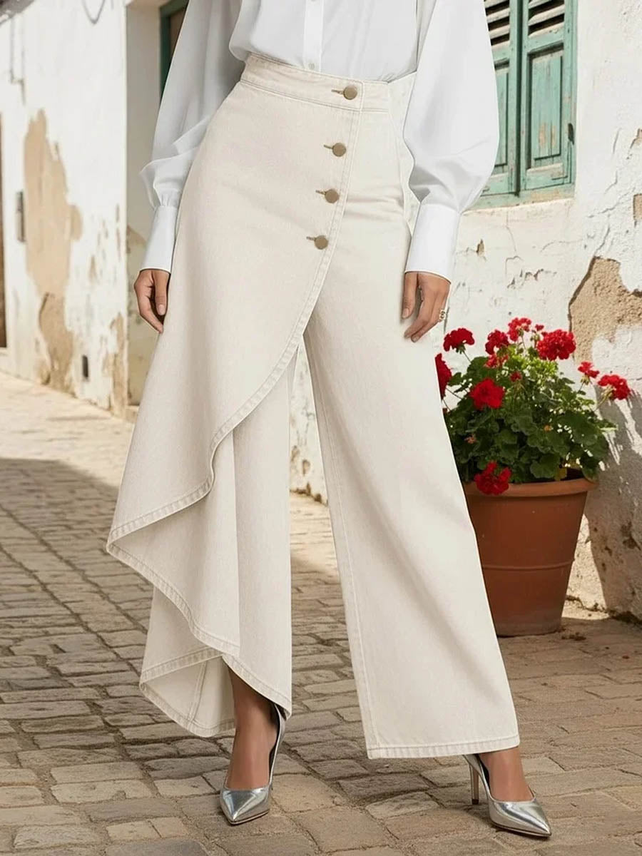 Women's Denim Wide Leg Ruffle Skirt Overlay Jeans High Waisted Trousers